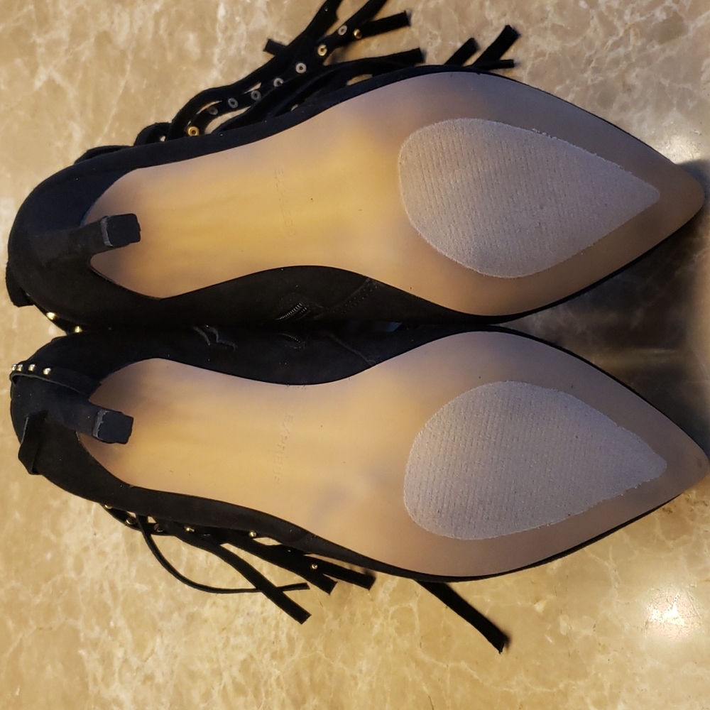 Express black micro suede cowhide fringed w gold-embellished ankle booti… - Picture 14 of 16